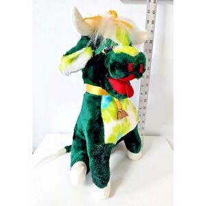Vtg Rushton Company Green Highland Cow Bull Plush Glitter Eyes Copper Bell